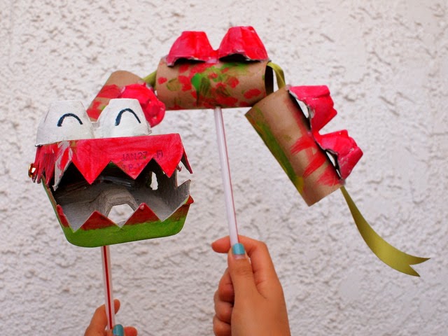 Chinese New Year Dragon Puppet made from recycled materials (egg cartons and toilet paper rolls)