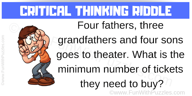 Critical Thinking Riddle: Four fathers, 3 grandfathers and 4 sons goes to theater. What is the minimum number of tickets they need to buy?