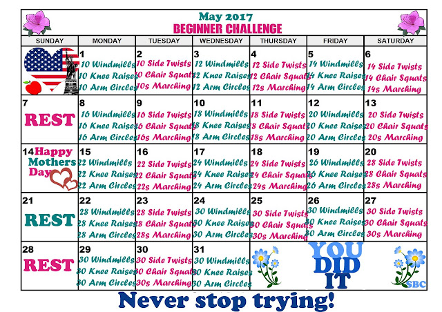 2017 May Fitness Challenge Calendar for Beginners. Getting swimsuit ready for summer with exercise, healthy food, Skinny Fiber or Skinny Body Max!