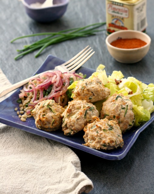 Gluten free turkey meatballs, mixed with zucchini, new chives from the garden and a good amount of lemon. They’re a fresh-tasting main dish that feels light after a long winter of heavy meals. 