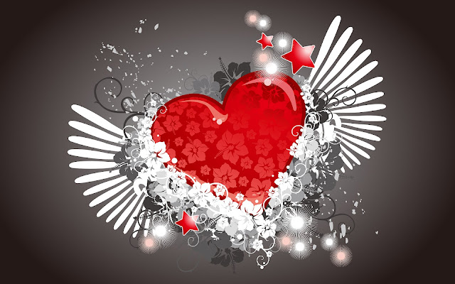 Rood liefdes hart met vleugels en bloemen
