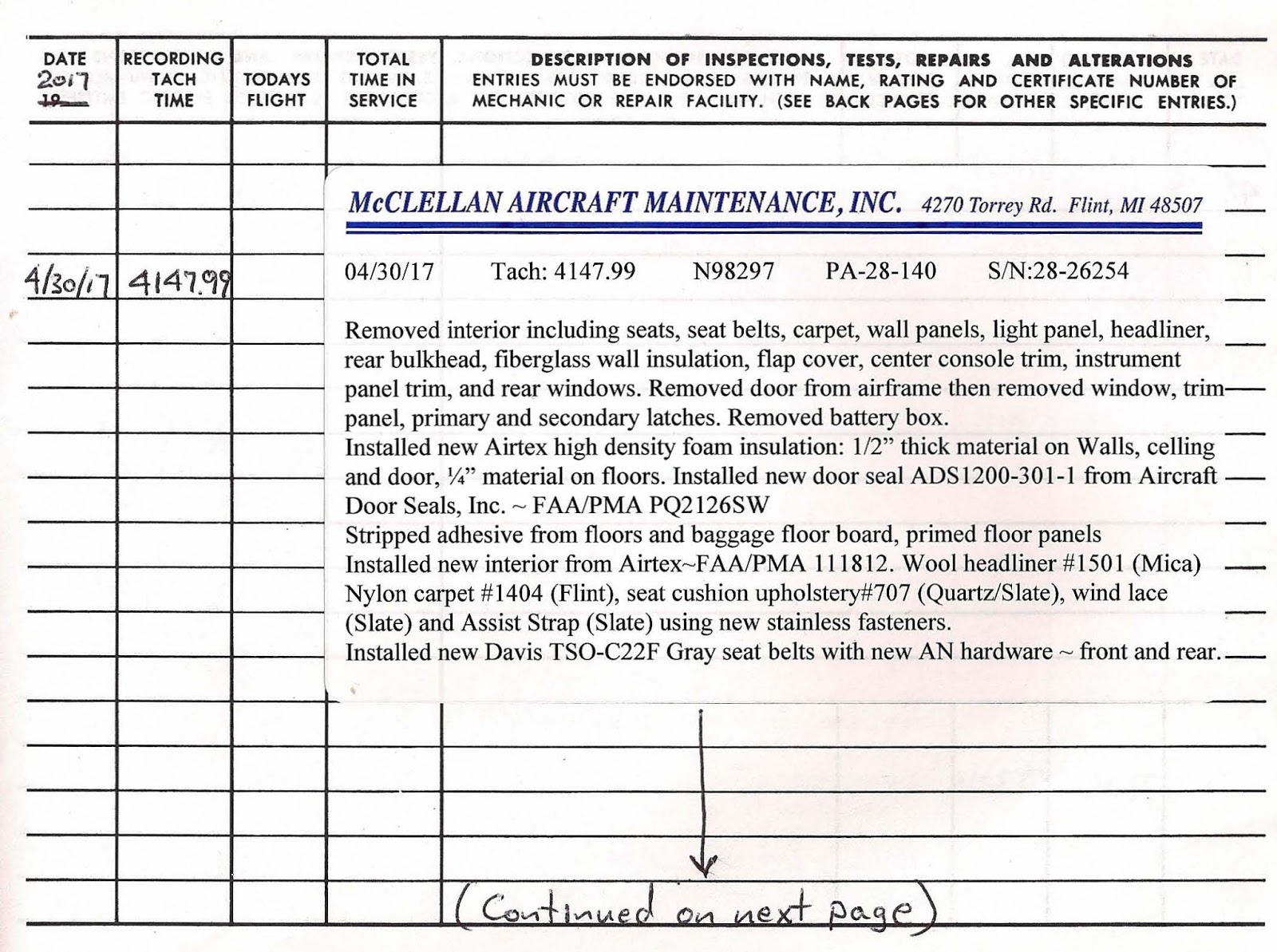 N98297 Cherokee 140B 2017 Aircraft Log Interior