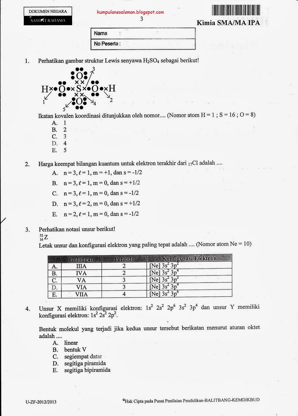 Kumpulan Soal UN Kimia Kelas 3 SMA/IPA TA 2012/2013