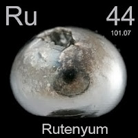 Rutenyum elementi üzerinde rutenyumun simgesi, atom numarası ve atom ağırlığı.