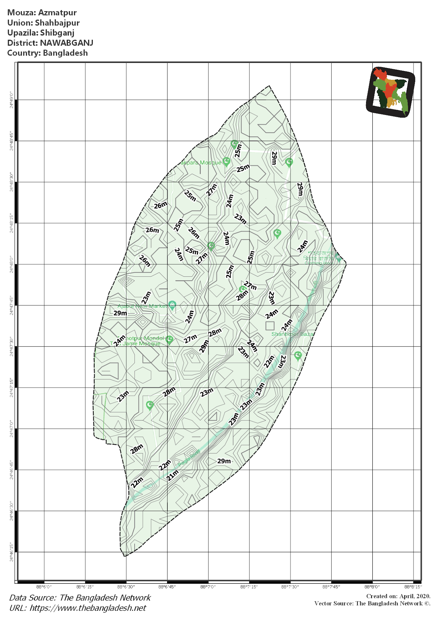 Map of Azmatpur Mouza of Shibganj Upazila, NAWABGANJ, Bangladesh.