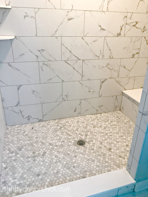 Hexagon marble tile in shower