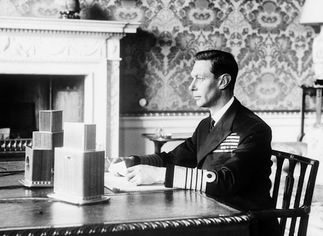Britain's King George VI broadcasts to the British nation on the first evening of the war, on September 3, 1939, in London.