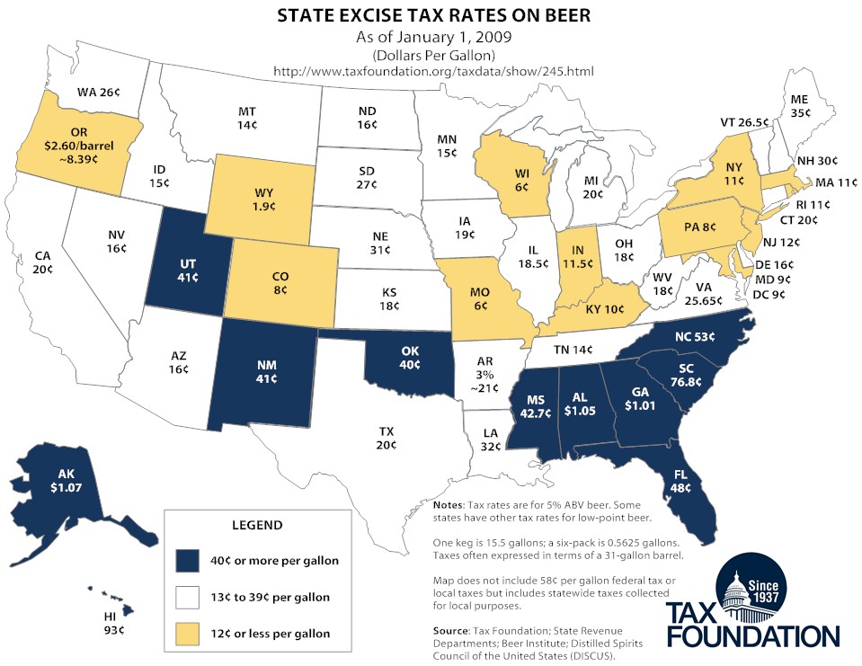 Tax Foundation: State Excise Tax Rates on Beer, 1 January 2009