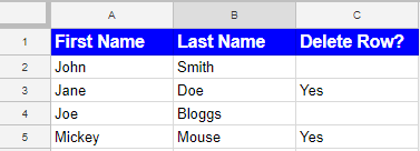 Example table with specific rows to delete Screenshot of table of names with marked ones for deletion