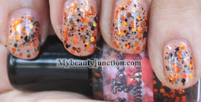 Givenchy vernis please fancy beige nail polish swatch with orange glitter manicure