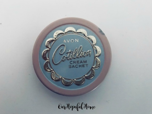 Vintage Avon Cotillion Cream Sachet empty frosted glass jar blue pink gold lid