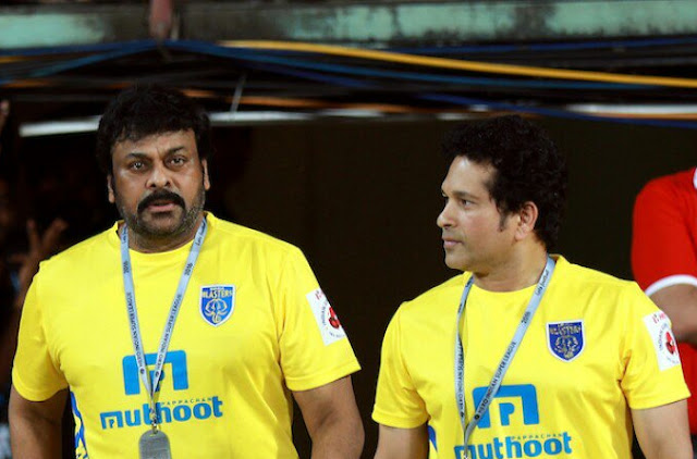 Chiranjeevi, Sachin in Kerala blaster Jersey Chiranjeevi, Sachin in Kerala blaster Jersey