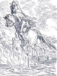 ilustracion a lapiz del baron de Munchausen caballo y jinete alzados tirando de la ropa desafiando la tercera ley de Newton