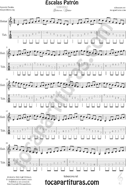  Tablatura y Partitura de Guitarra Escala de Do Patrón en Corcheas - Ejercicio Guitar Tab Sheet Music