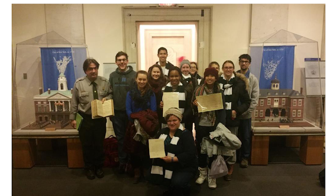 National Collegiate Honor’s Council Partners in the Park Independence Hall Class of 2017 students at Federal Hall National Historic Park with Ranger holding the 1789 Acts of Congress opened to the 12 Amendment Joint Resolution of Congress issued September 25th, 1789. The only amendment in the "Bill of Rights" that was not ratified is Article the First, which is still pending before Congress. Cintly is holding an Arthur St. Clair signed Northwest Territory document, Imani is holding the First Bicameral Congressional Act establishing the U.S. Department of State and Rachael is holding a 1788 John Jay letter sent to the Governor of Connecticut, Samuel Huntington, transmitting a treaty with France. – Primary Sources courtesy of Historic.us