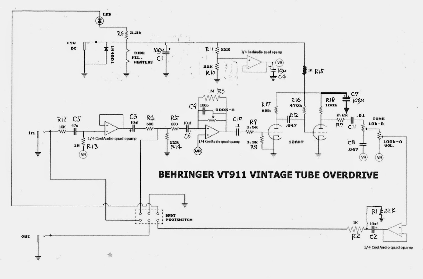 音響的電子工作: behringer VT911 Vintage Tube Overdrive 回路図