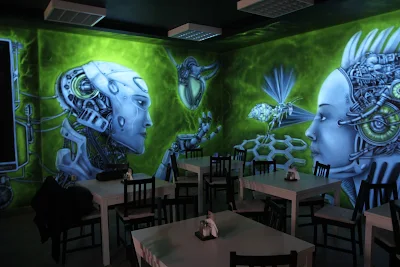 LLU Burger King Łuków, malowanie graffiti na ścianie, mural 3D, aranżacja ścian w pubie