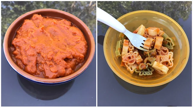 A bowl of tomato sauce with no visible vegetables and a bowl of animal shaped vegetables and stirred through tomato sauce