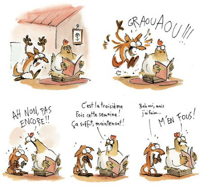 Viñetas del cómic con el zorro intentando robar huevos infructuosamente mientras es regañado por una gallina