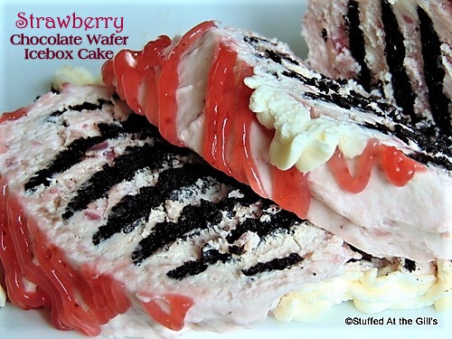 Sliced Strawberry Chocolate Wafer Icebox Cake showing the striped interior.