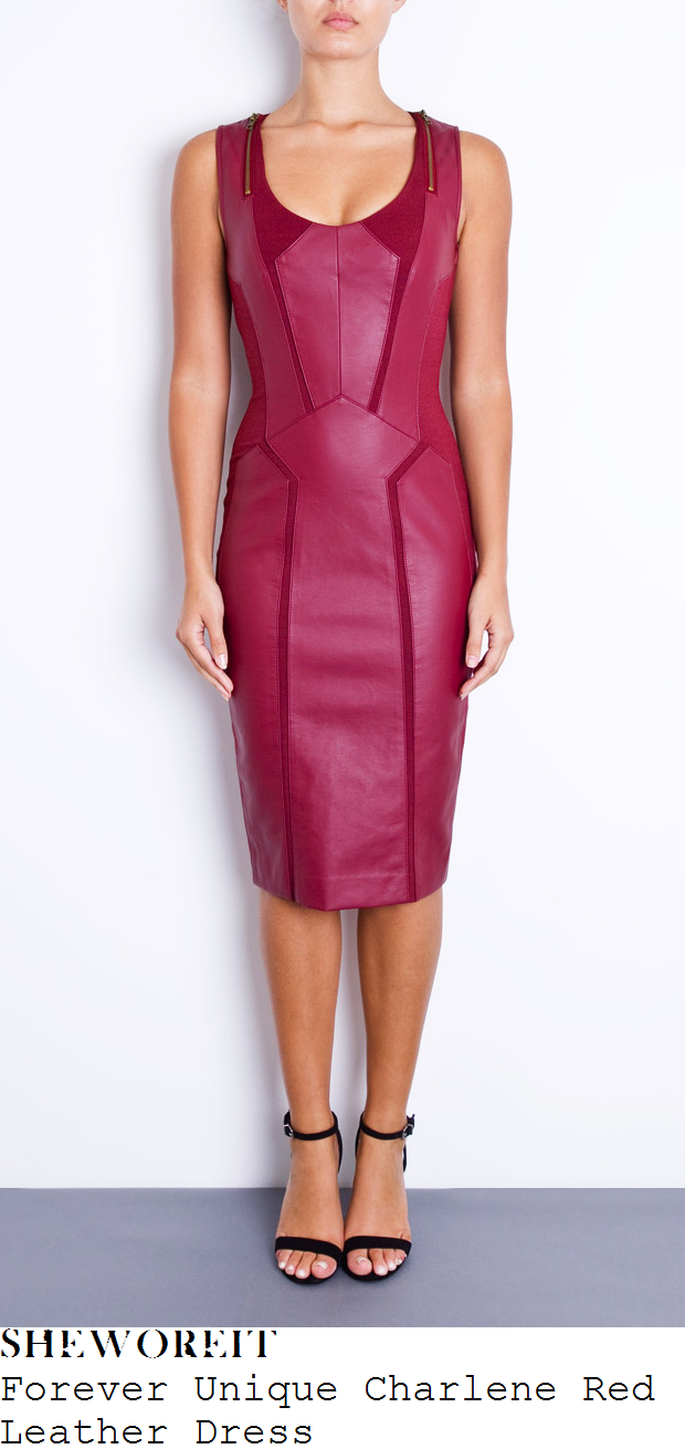 catherine-tyldesley-burgundy-red-leather-dress