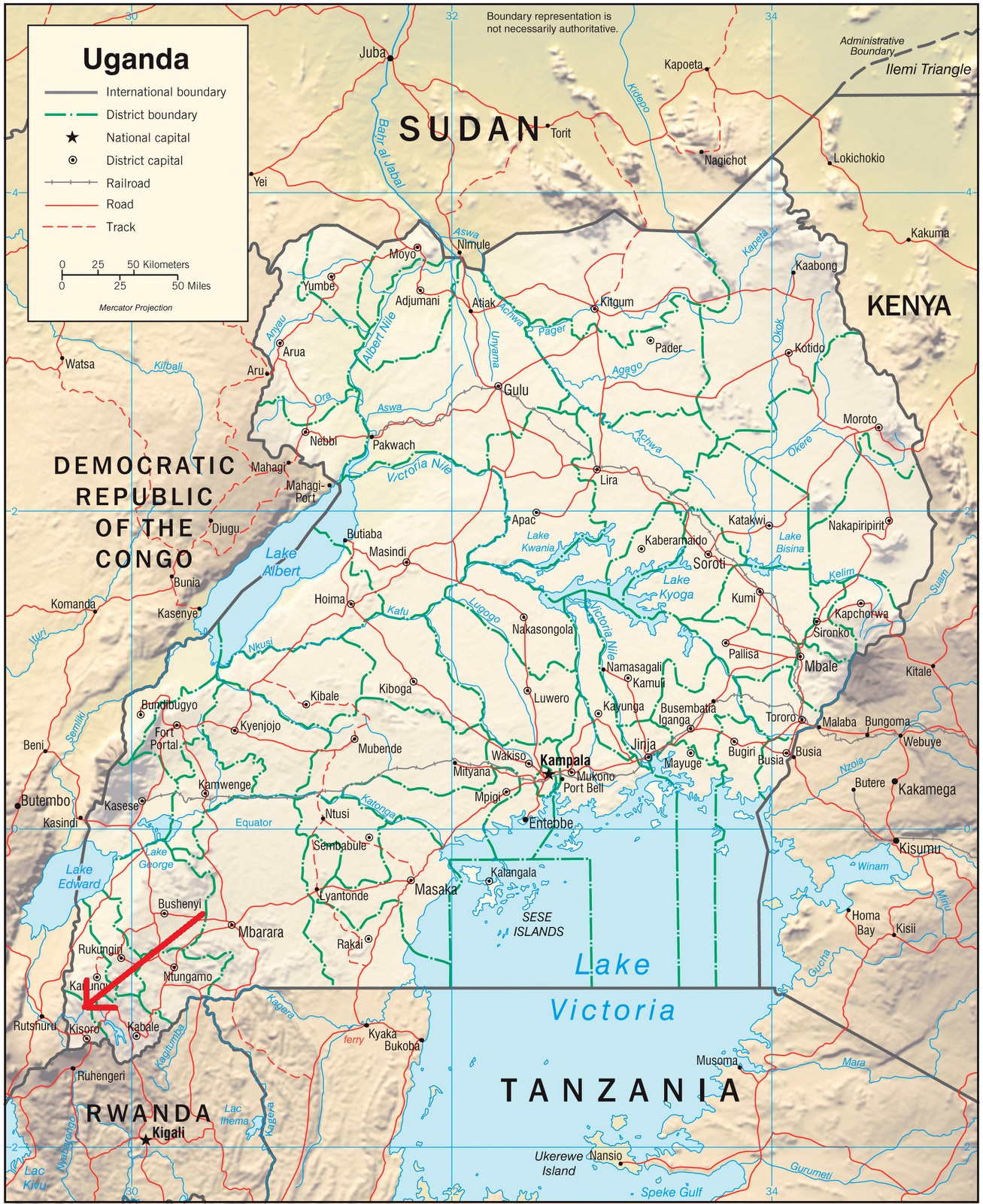 the end of the red arrow indicates the approximate position of the park adjacent to the drc and rwanda the end of the red arrow indicates the approximate position of the park adjacent to the drc and rwanda