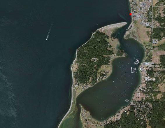 Screen shot of Fisherman Bay with Lopez Village access marked with red dot