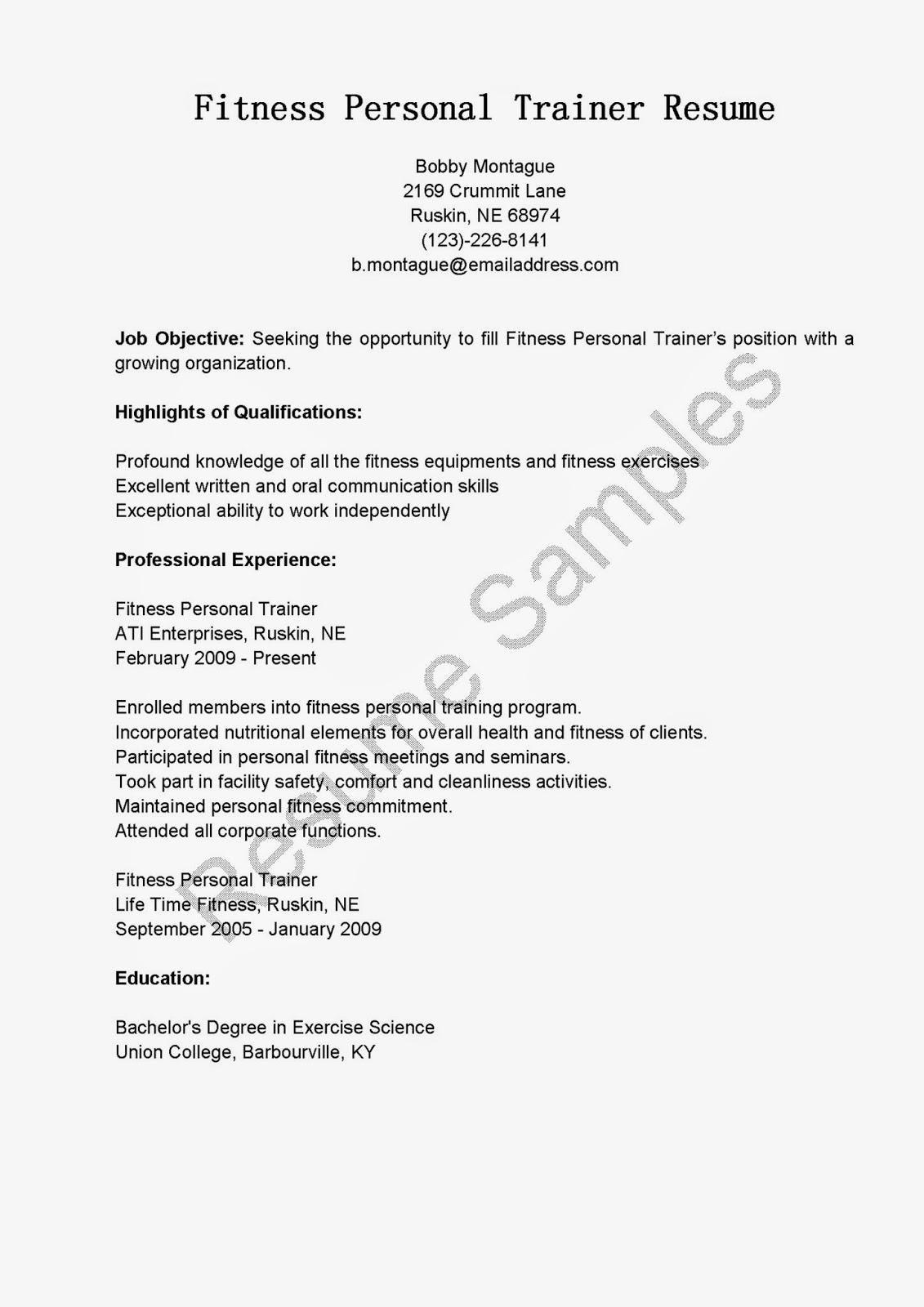 Resume Samples Fitness Personal - Fitness Personal Trainer Resume 