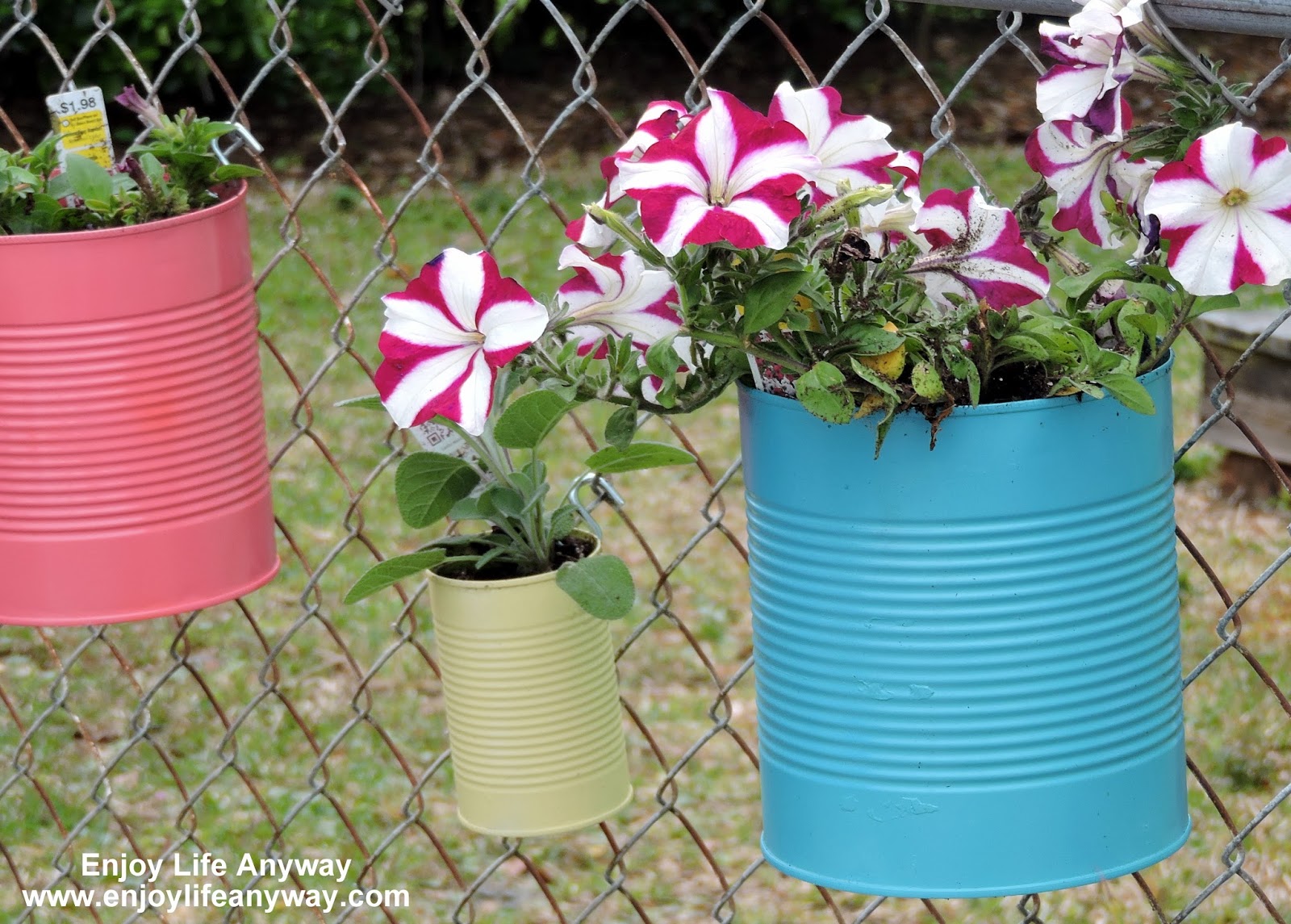 Enjoy Life Anyway: Dress Up A Fence With DIY Tin Can Planters