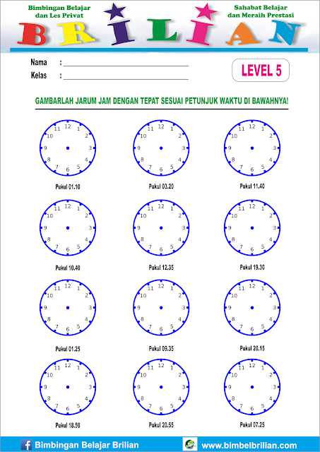 Lembar Latihan Soal Menggambar Jarum Jam Yang Bisa Dicetak - Level 1