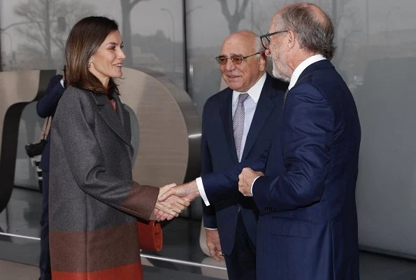 Queen Letizia wore Hugo Boss Colorina wool blend cashmere striped coat and Malivi wool blend cashmere striped skirt