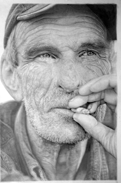 hyper-realistic graphite drawing of an old man smoking cigarette