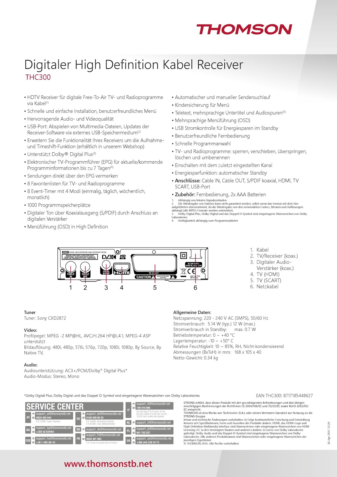 KaisInfoBlog Datenblatt Thomson THC300 digitaler HD KabelReceiver