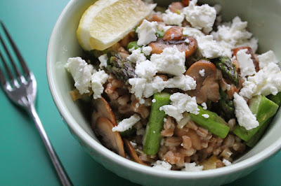 Farro "risotto" with mushrooms, asparagus, and goat cheese