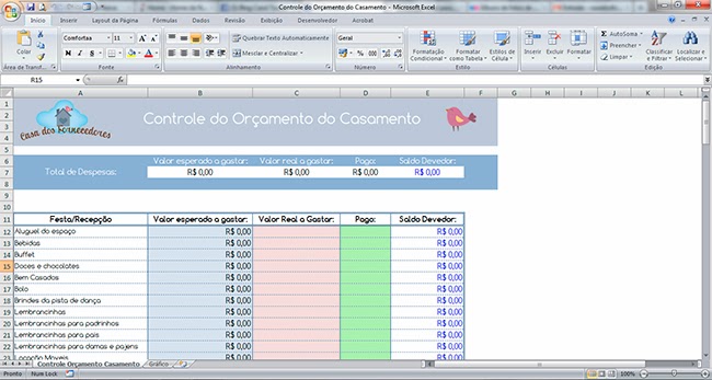 Planilha de Controle do Orçamento do Casamento Controle do Orçamento do Casamento