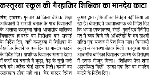 कस्तूरबा स्कूल की गैरहाजिर शिक्षिका का मानदेय काटा कस्तूरबा स्कूल की गैरहाजिर शिक्षिका का मानदेय काटा
