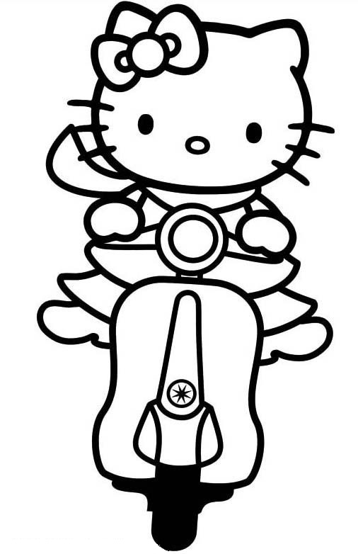 Tranh tô màu mèo hello kitty đi xe máy