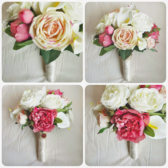 an elegant bouquet with superior pink and white garden rose, coral peonies, white calla lily