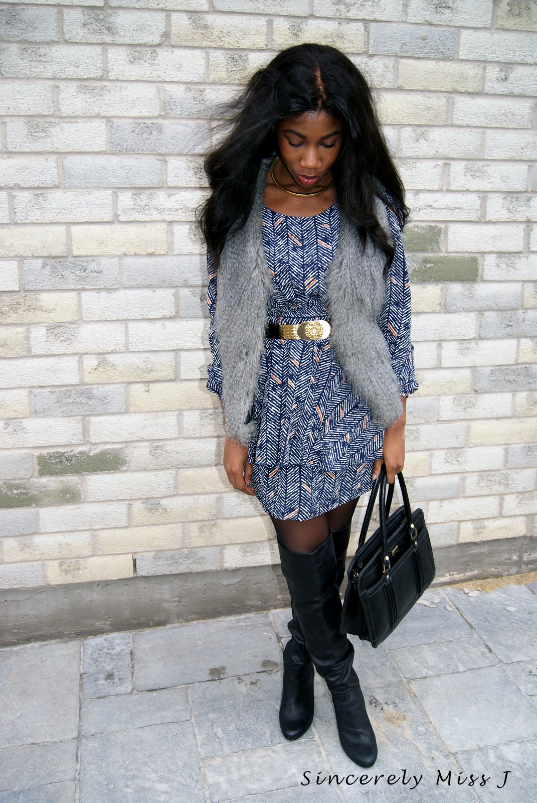 Sincerely Jackline in stylish dress, faux fur and leather boots 