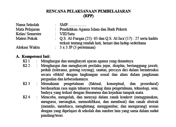 RPP PAI dan Budi Pekerti Kelas 7 8 9 Kurikulum 2013 Revisi