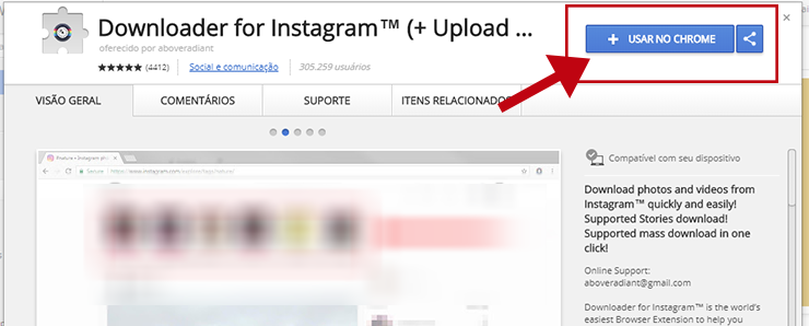 Clique em "Add to Chrome" Downloader for Instagram na Chrome Store