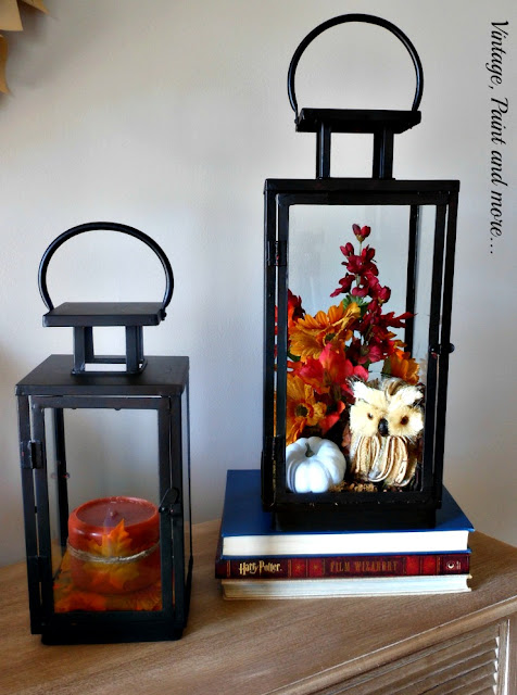 Vintage, Paint and more... thrift store lanterns transformed with black chalk paint and fall foliage