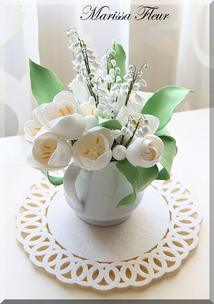 A Touch Of Beauty... Centerpiece With White Tulips, LilyOfTheValley