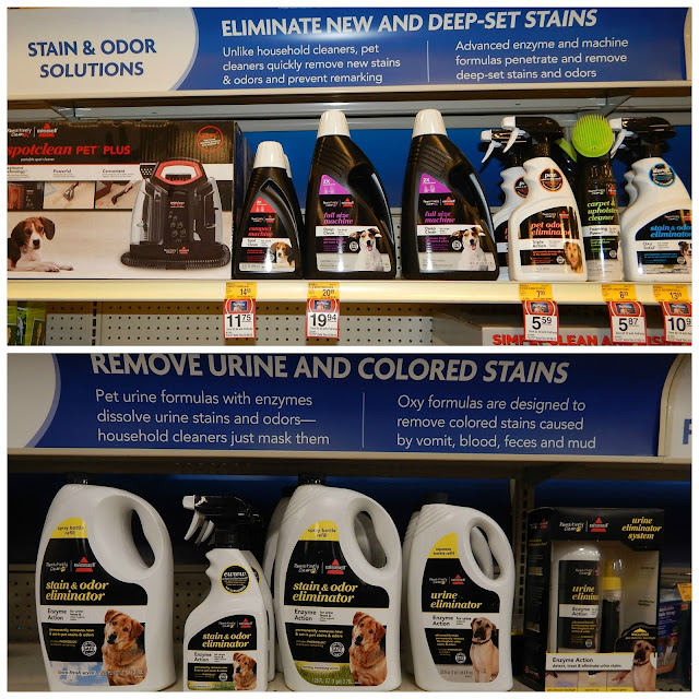 Shelf showing different types of cleaning solutions for the Bissell carpet machine.