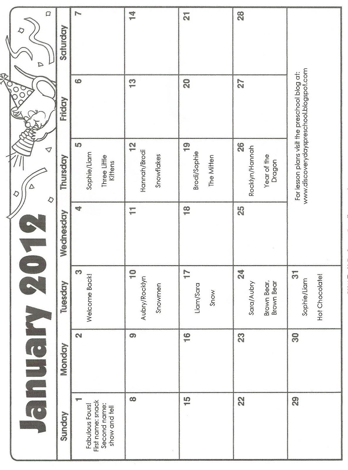 Discovery Days Preschool January Calendar and Lesson Plans