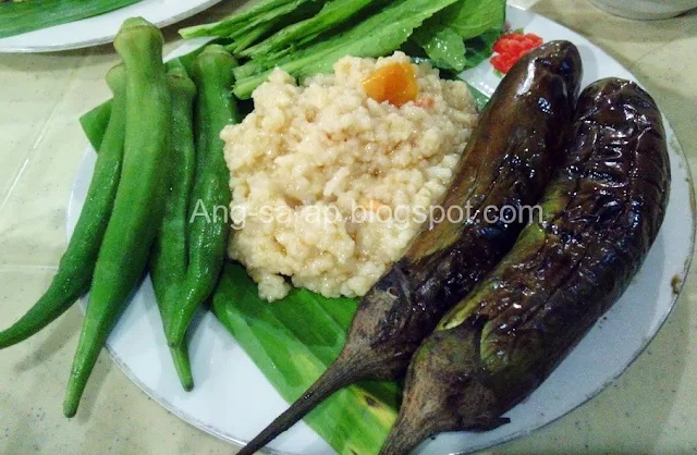 Buro (fermented rice) with mustasa (mustard greens), okra, and eggplant