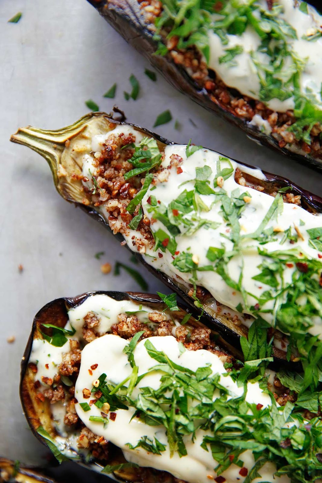 Loaded Grilled Eggplant with Creamy Herb Sauce FOOD AND DRINK