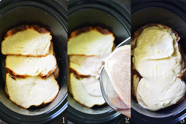 Step by step photos how to assemble stuffed french toast in slow cooker