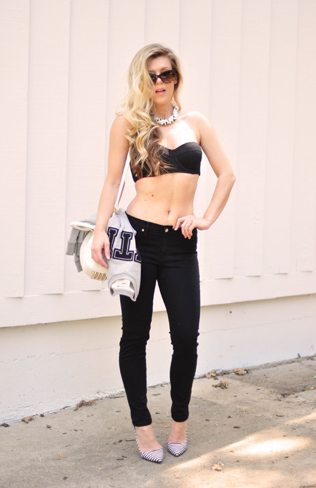 bustier bikini top, black jeans