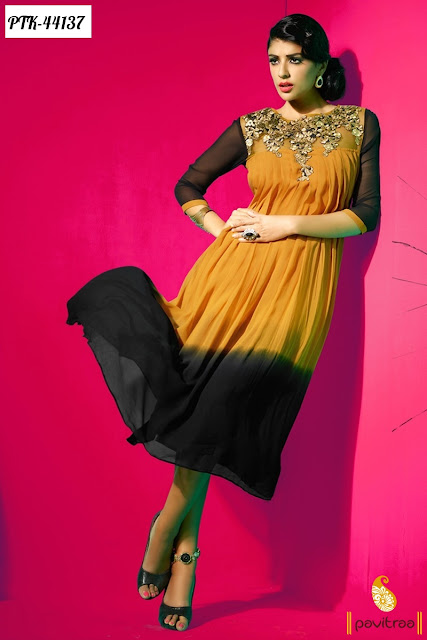 Festival discount offer on gold georgette embroidery kurti online shopping
